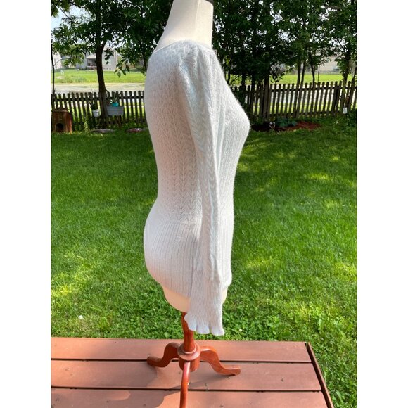 Express White Off-Shoulder Sweater M Angora Wool Blend Knit Ribbed Fitted Long S - Picture 7 of 7